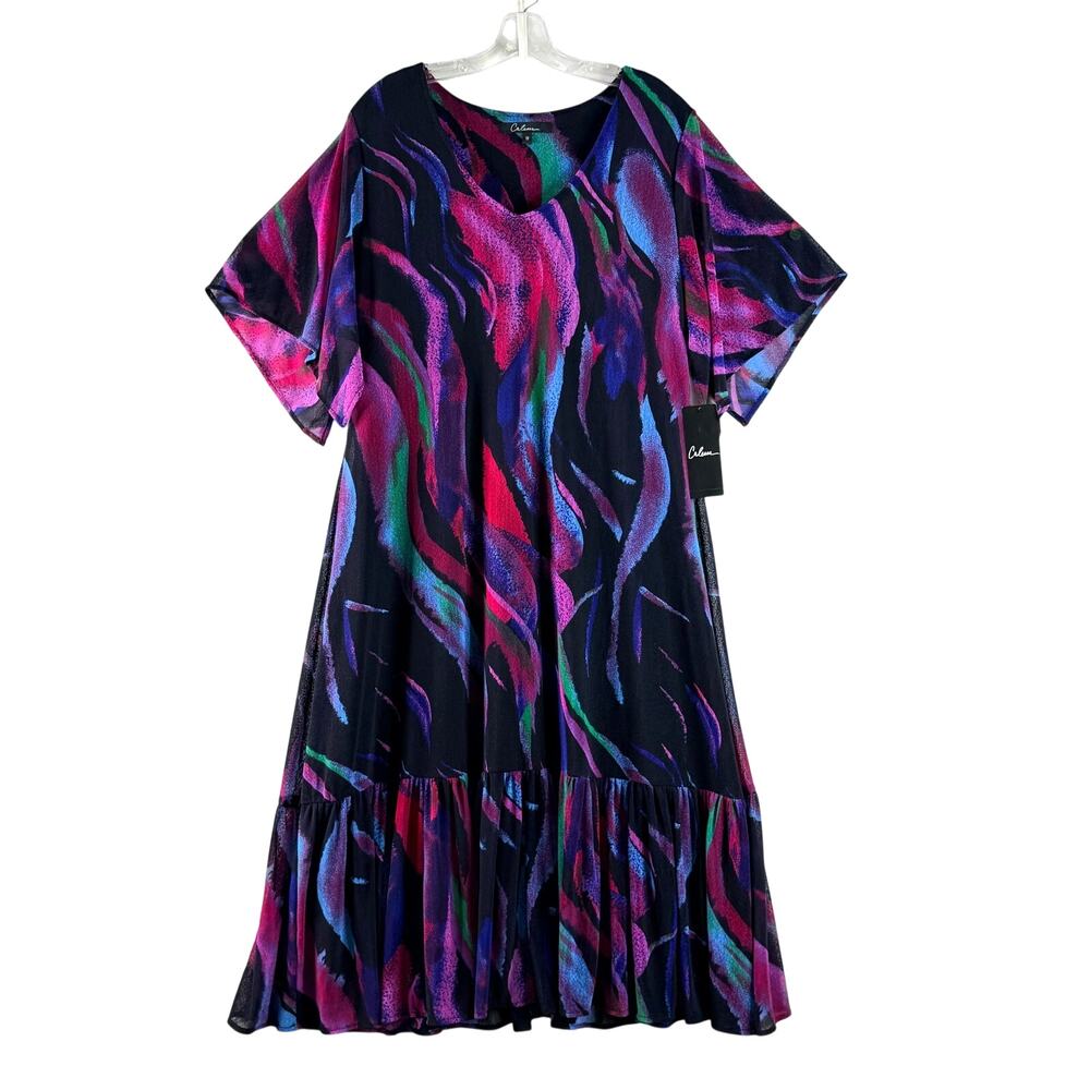 Calessa Short Sleeve Abstract Wave Ruffle Tiered Hem Maxi Dress Black Purple 1X
